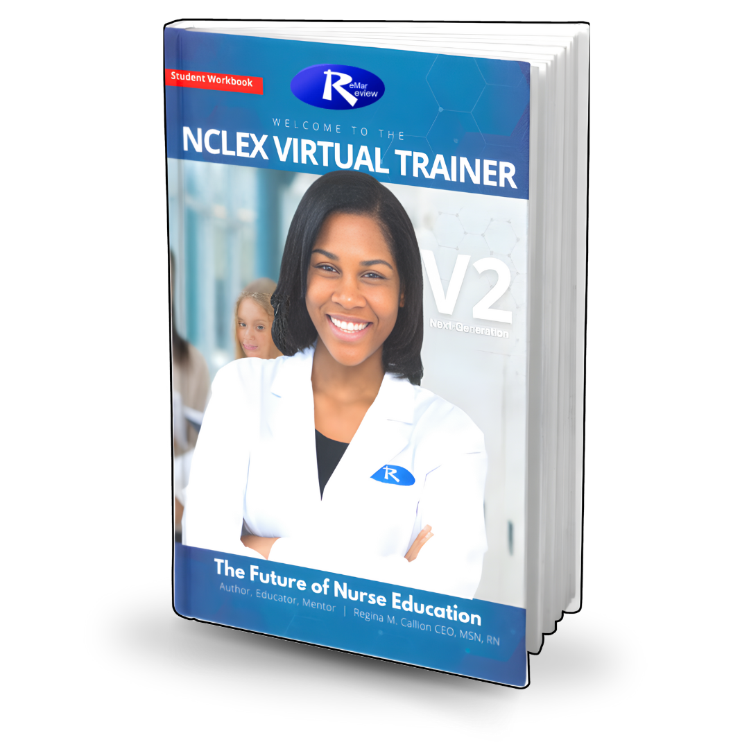 Printed edition of the NCLEX V2 Physical Workbook, featuring a cover with a smiling female nurse wearing a white uniform. The title 'NCLEX Virtual Trainer V2' and the description 'The Future of Nursing Education' are visible on the cover.