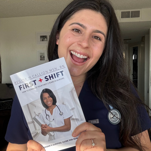 New Nurse holding the 'First Shift' book: How to Dominate Your First Two Years in Nursing by Professor Regina M. Callion MSN, RN  (available on Amazon.com and Walmart.com) 